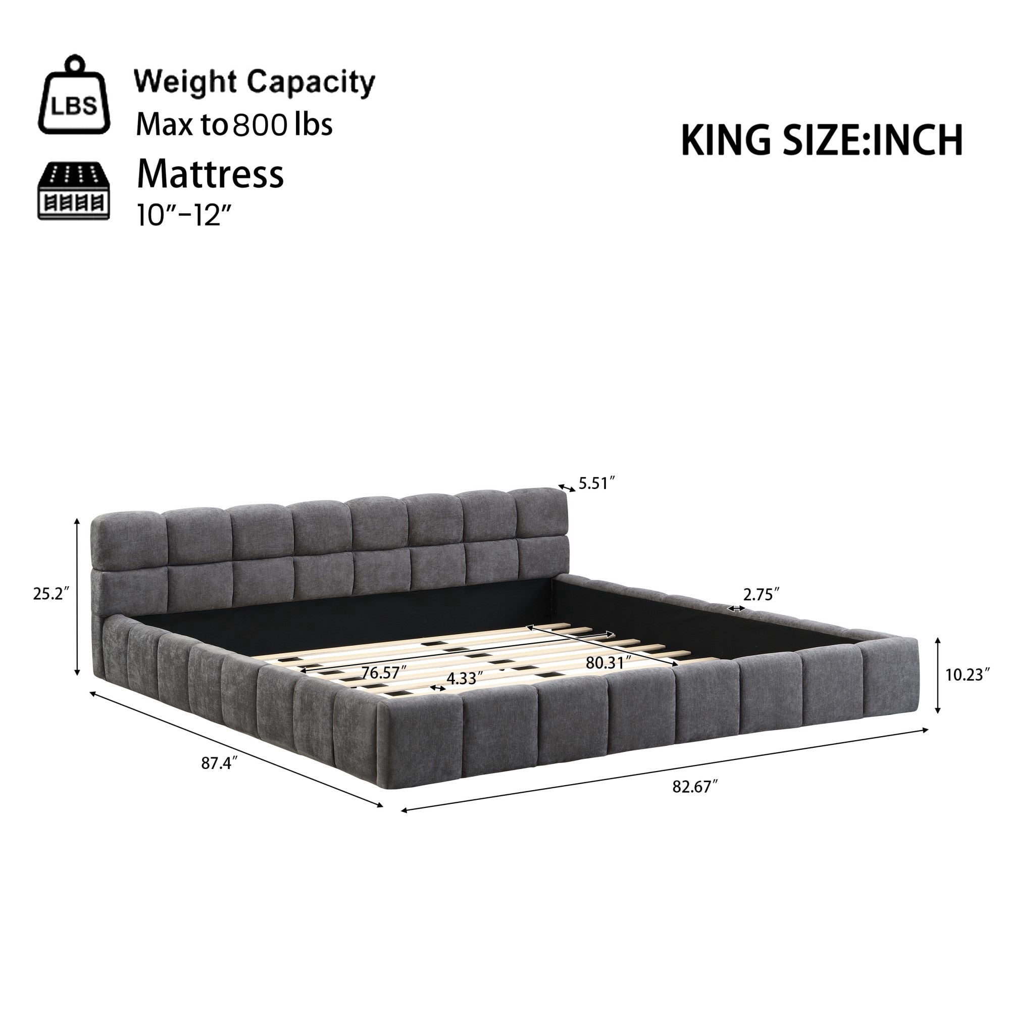 Sailvan King Chenille Upholstered Bed Frame,Modern Checkerboard Pattern Headboard,Soft Grey Fabric Platform Bed