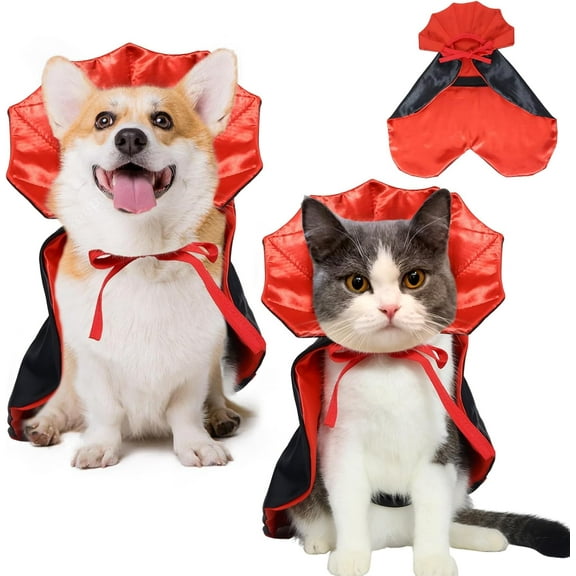 Halloween Pet Vampire Cape – Adjustable Red & Black Costume for Cats & Small Dogs 15.74″ Spooky Cloak with Stand-Up Collar Funny Halloween Pet Outfit (S Size)