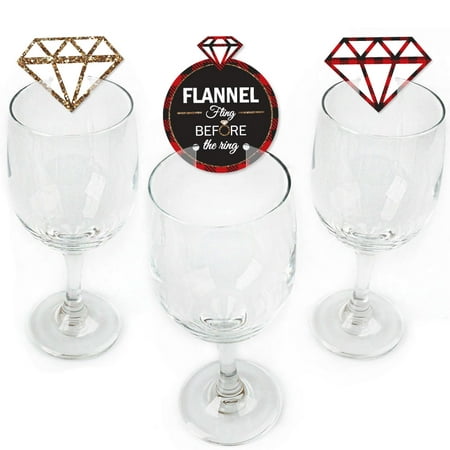 Flannel Fling Before The Ring - Shaped Buffalo Plaid Bachelorette Party Wine Glass Markers - Set of 24