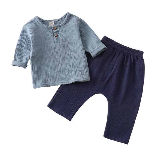 Baby Boy Outfits Solid Pullover Long Sleeve Linen Nine Inch Pants Crewneck Baby Boy Clothes Blue 6-12 Months