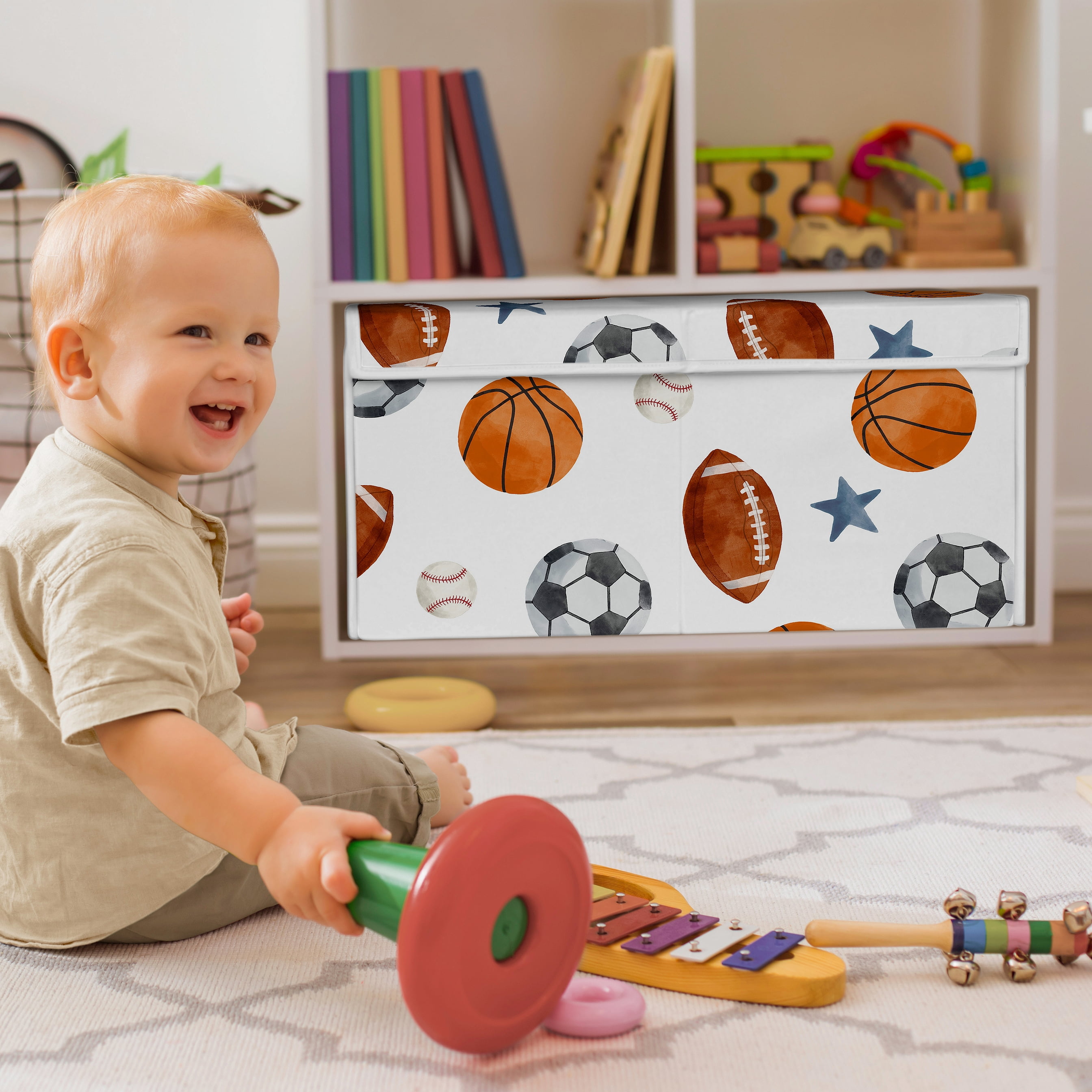 Sweet Jojo Designs Watercolor Sports Theme Boy Storage Fabric Toy Box