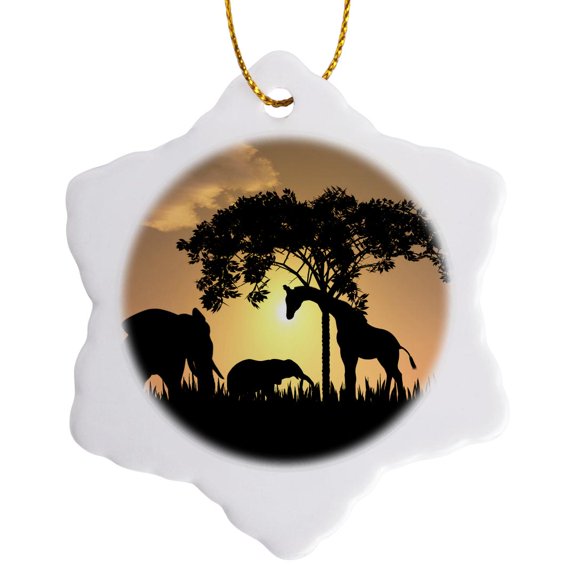 3drose, African Safari Silhouette, 3 inch Snowflake Porcelain Ornament