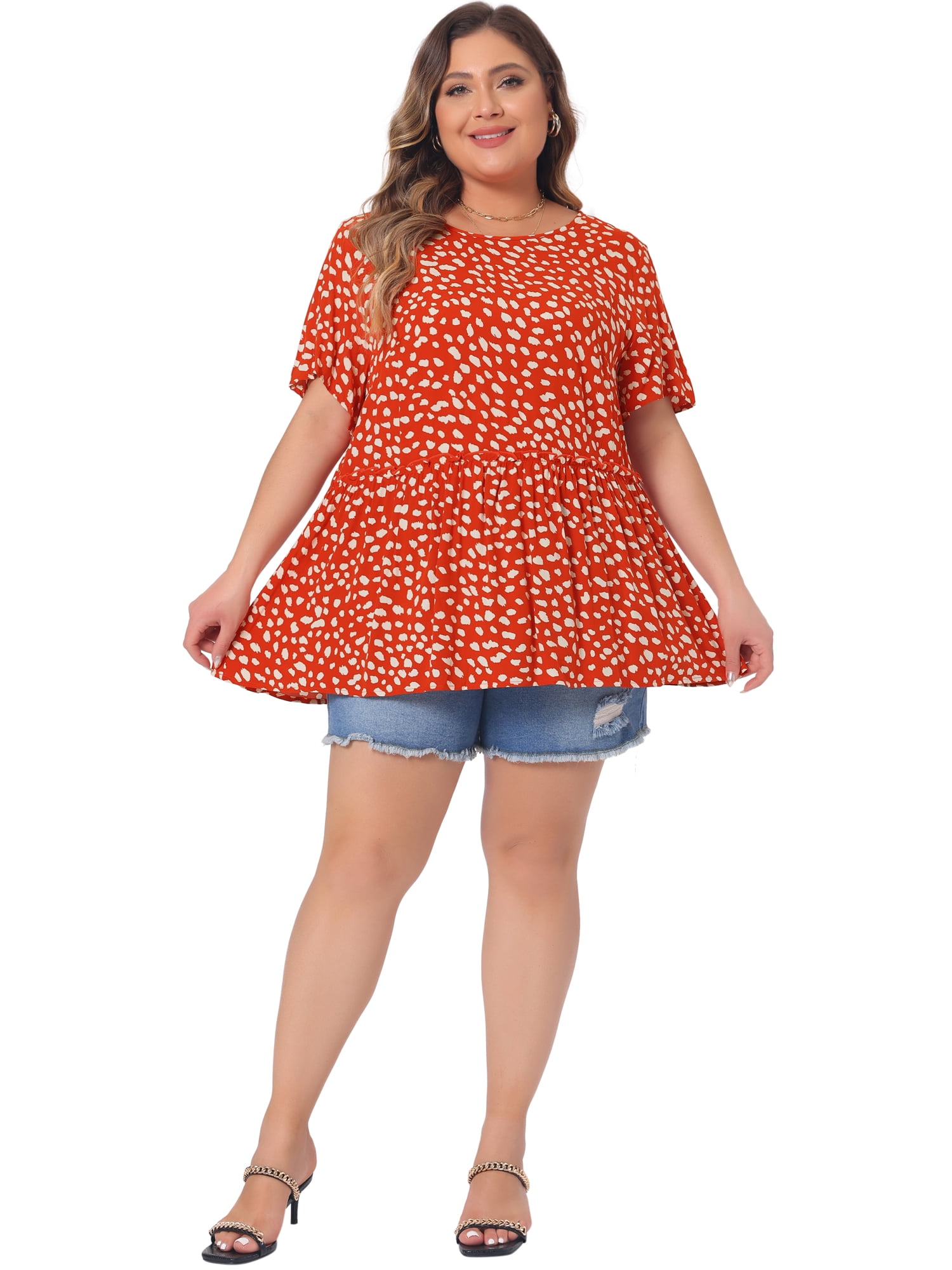 DARING DIVA Women's Plus Polka Dots Crew Neck Peplum Blouse 3X Orange
