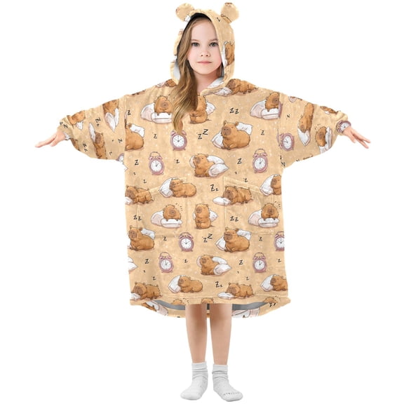 Wearable Blanket Hoodie for Kids Alarm Clock Capybara Flannel Hooded Blanket with Pockets and Sleeves Suitable for Boys and Girls