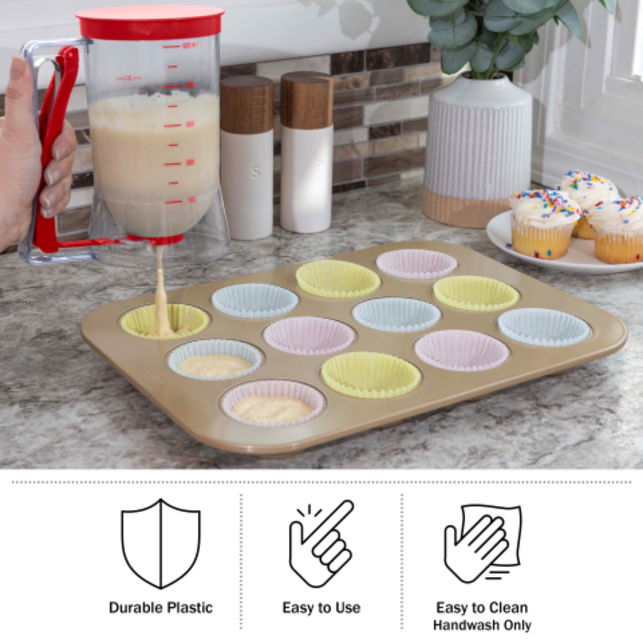 Chef Buddy 4-Cup Pancake Batter Dispenser with Squeeze Handle (Red)