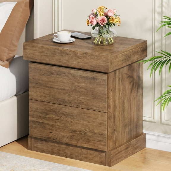 Condemo Nightstand with Hidden Storage, Farmhouse Bedside Table with 3 Drawers and Sliding Top (Natural Oak)
