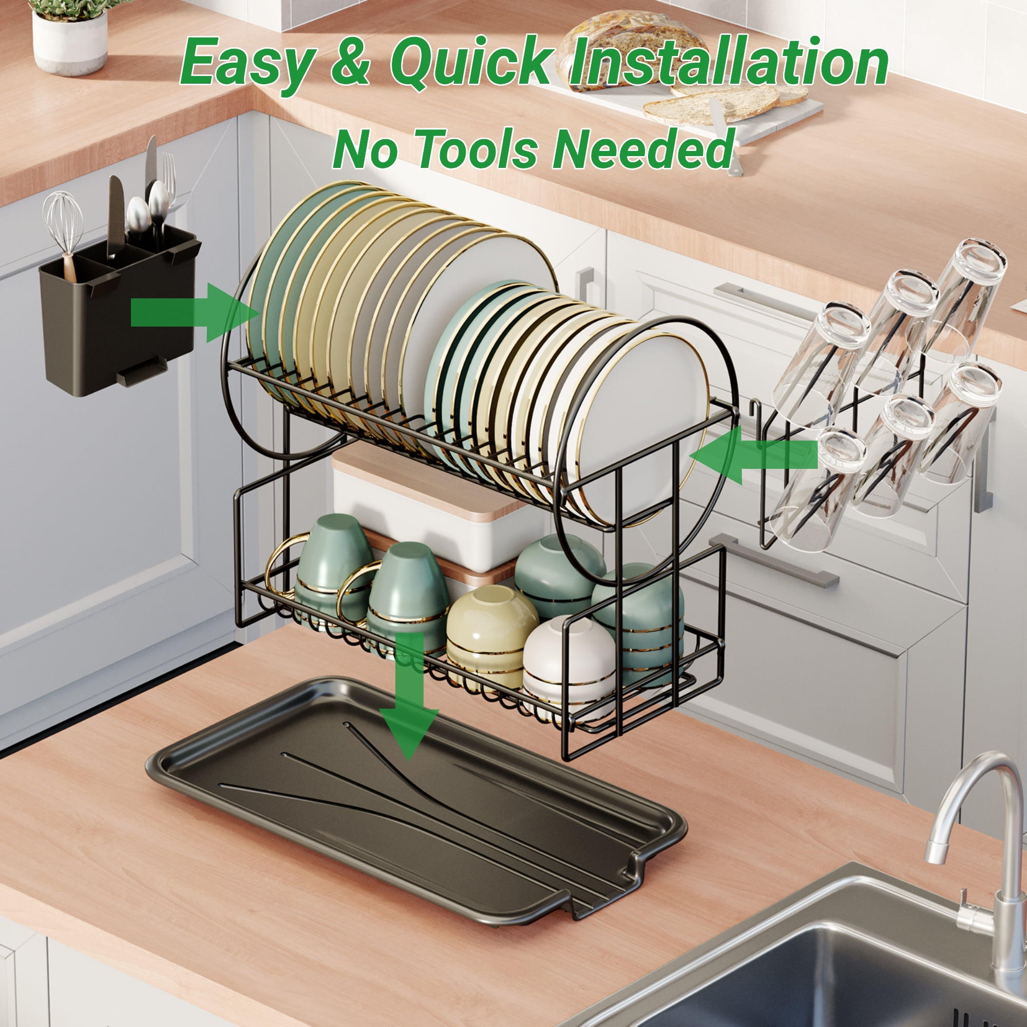 Dish Drying Rack, Elemore Home 2-Tier Dish Racks for Kitchen Counter with Drainboard
