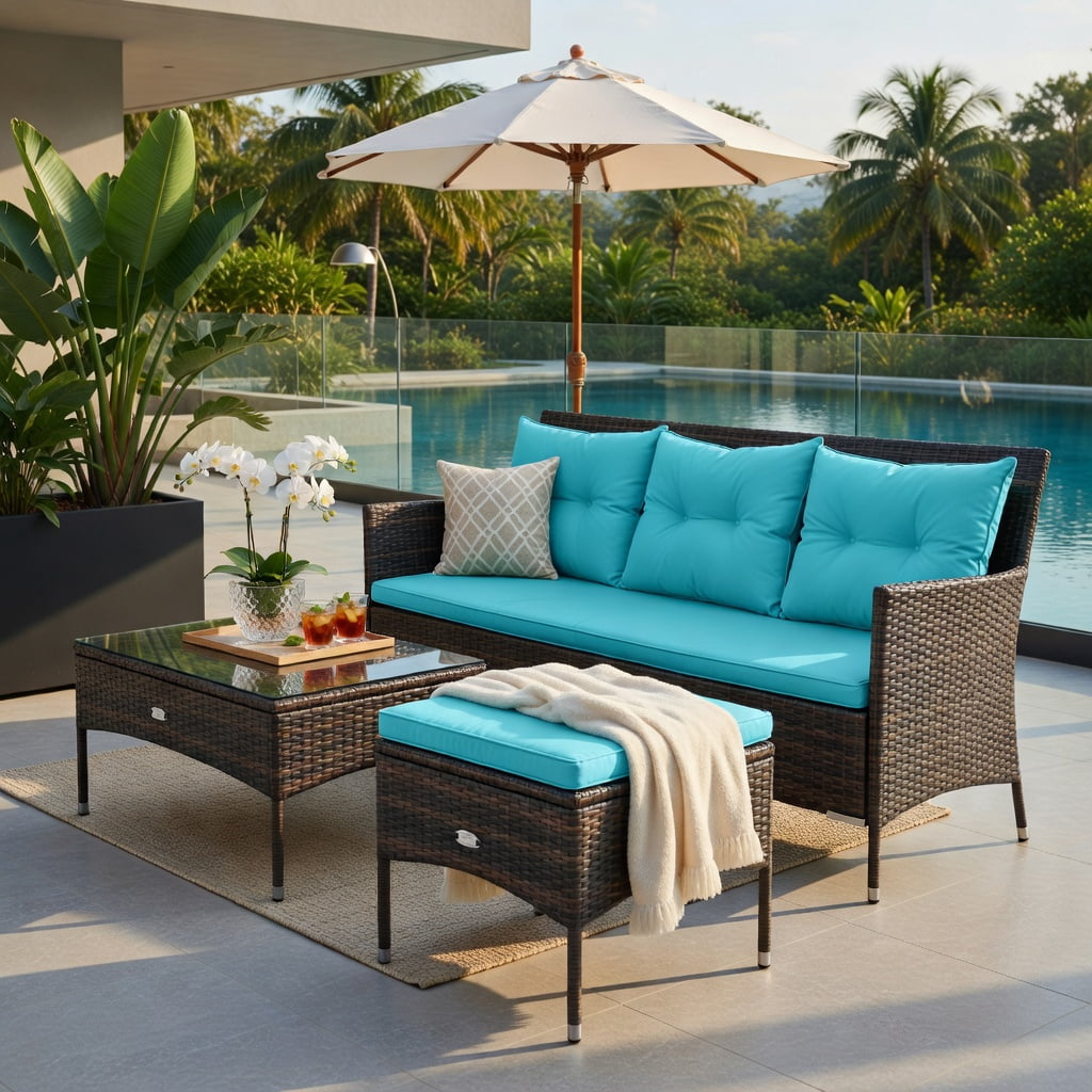 Hommoo 3-Piece Outdoor Patio Sectional Set, Woven Rattan Sofa, Ottoman & Glass Coffee Table with 5 Removable Cushions, Turquoise