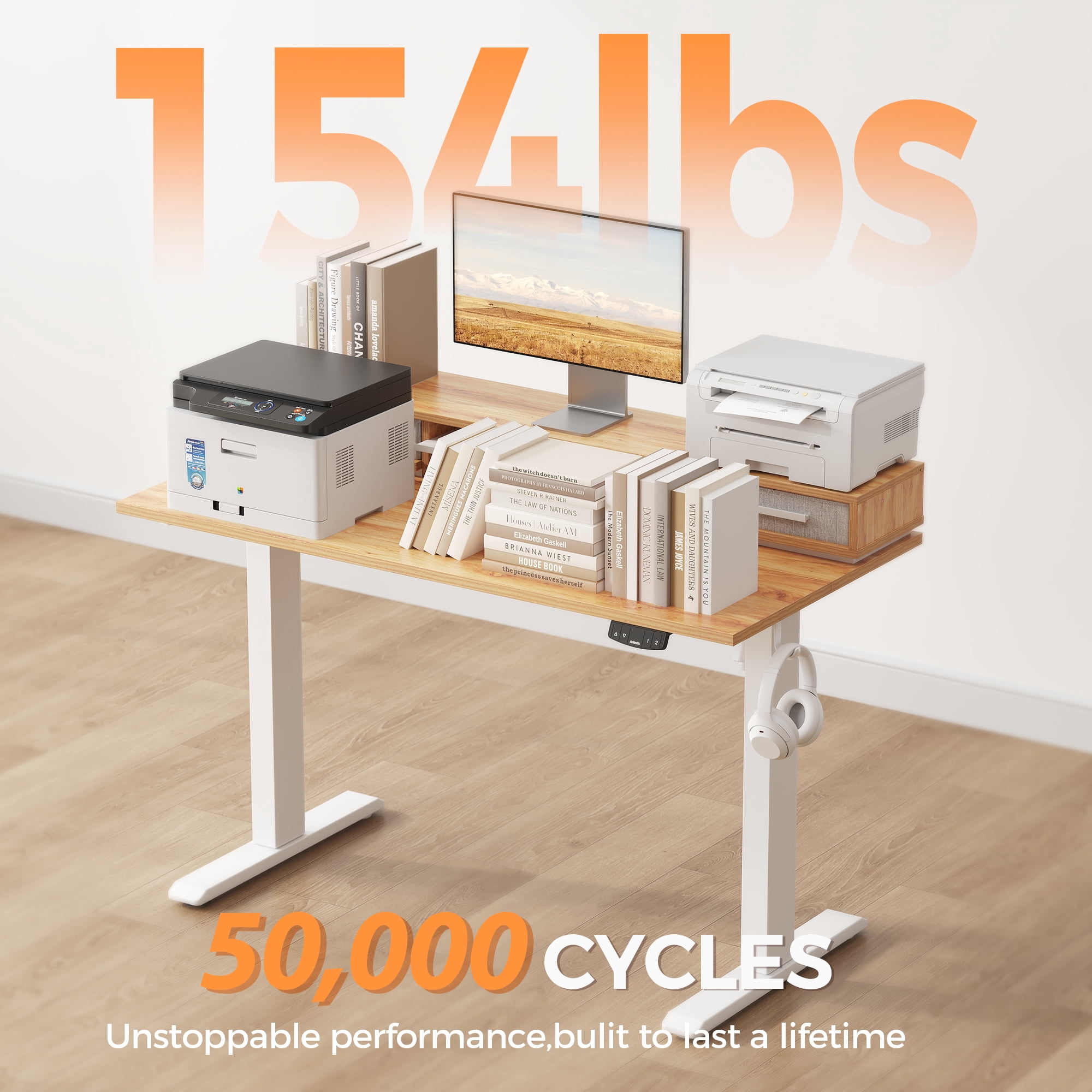 55.1 Inch Electric Standing Desk with Double Drawers ,Stand up Desk with Storage Shelf, Height Adjustable Home Office Desk with Hooks, Computer Workstation for Home and Office, Light Rustic Brown