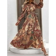 thumbnail image 4 of Women Floral Print V Neck A-Line Maxi Dress Long Sleeves Casual Wrap Autumn Beach Swing Light Brown L, 4 of 9