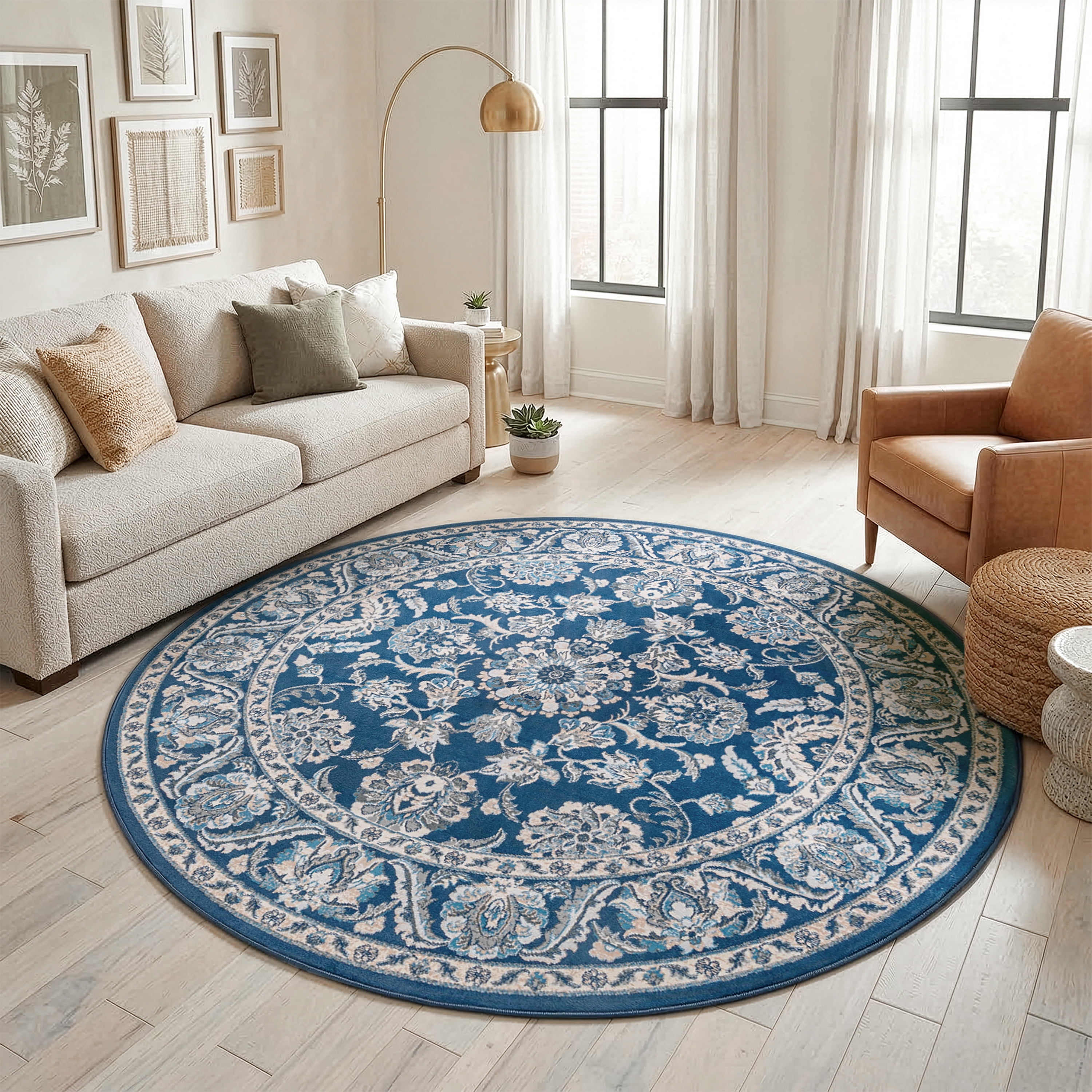 Madison Traditional 5' Round Dark Blue Polypropylene Indoor Area Rug