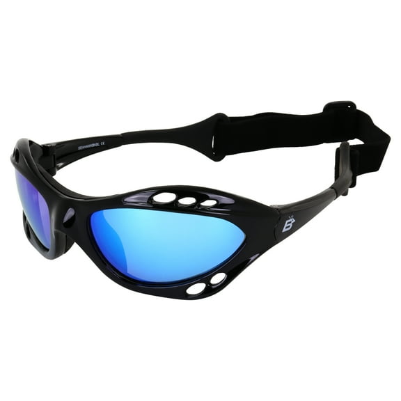 Birdz Eyewear Seahawk Padded Polarized Sunglasses Jetski Kayaking Jet Ski Watersports w/ Built in Strap Black Frame with Polarized ReflecTech Green Mirror Lens