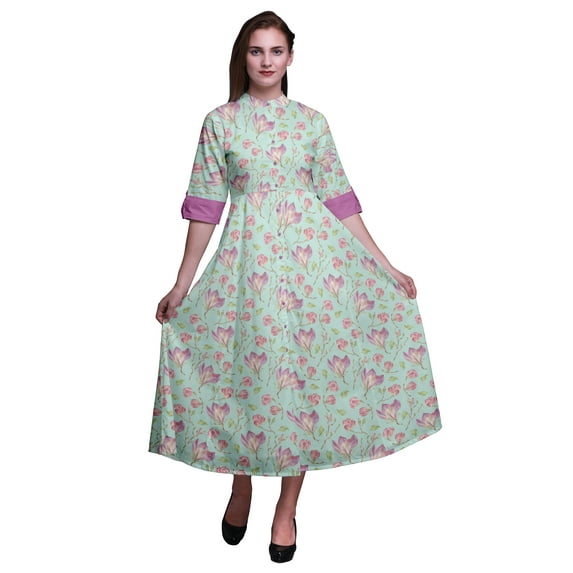 Bimba Floral Printed Women’s Roll Up Sleeves Dress Mandarin Collar Button Down Shirt-XXX-Large