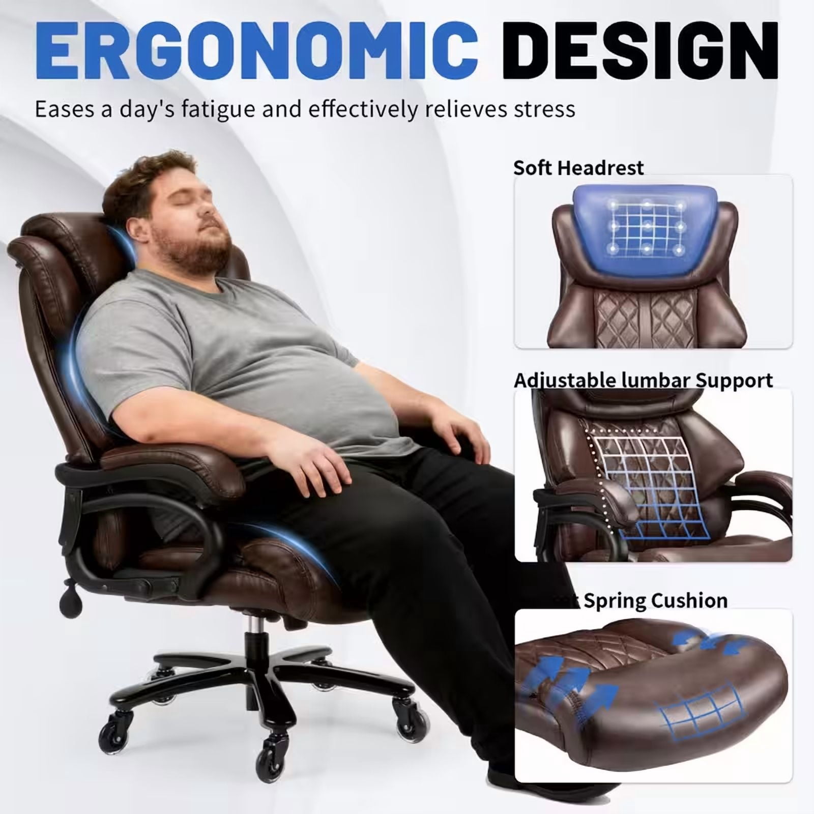 Qusaphy 800LBS Big and Tall Executive Office Chair, PU Leather Ergonomic Desk Chair with Adjustable Backrest and Thick Padded Cushion, Heavy Duty Chair for Home or Office Brown