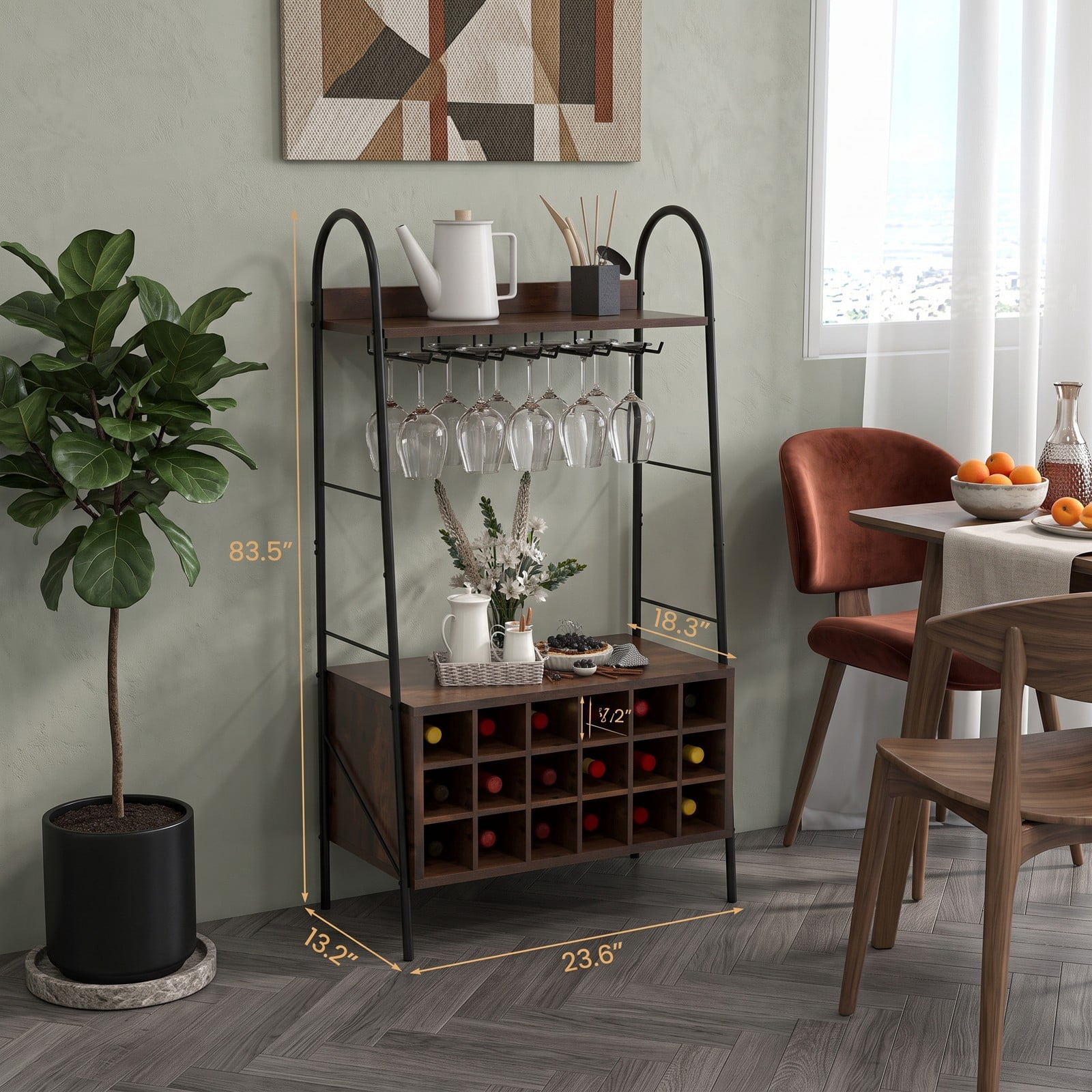 RUIE Baker's Rack with Detachable Wine Rack and 5 Rows of Stemware Holder, Freestanding Kitchen Storage Shelf Holds 18 Bottles and 15 Glasses, Metal, Rustic Brown