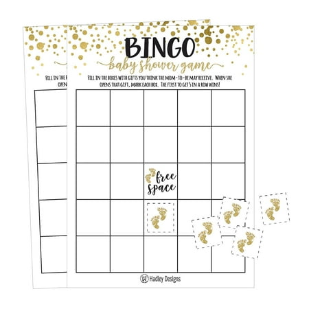 25 Gold Bingo Game Cards For Baby Shower, Bulk Blank Bingo Squares, PLUS 25 Pack of Baby Feet Game Chips, Funny Baby Party Ideas and Supplies For Girl or Boy, Cute Paper Pattern For Kids and