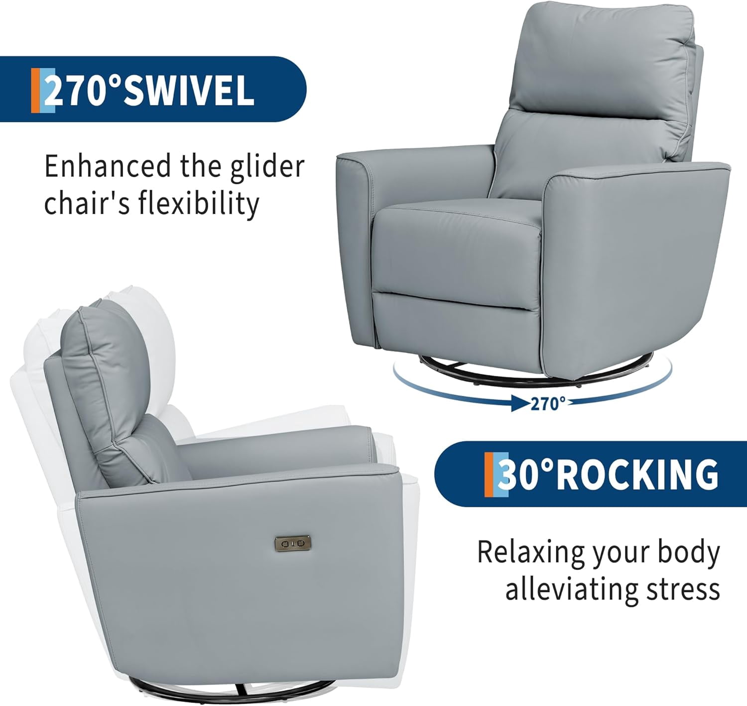 Power Recliner Chair 270° Swivel Rocking Glider with USB Port PU Leather Upholstered Nursery Chair with Adjustable Backrest for Living Room Office Home Theater and Nursery