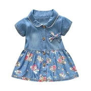 vokkrv Girls' Denim Dress - Casual Short Sleeve Jean Dress for Girls - Button Down Blue Knee Level Dresses for Girls Blue 18-24 Months
