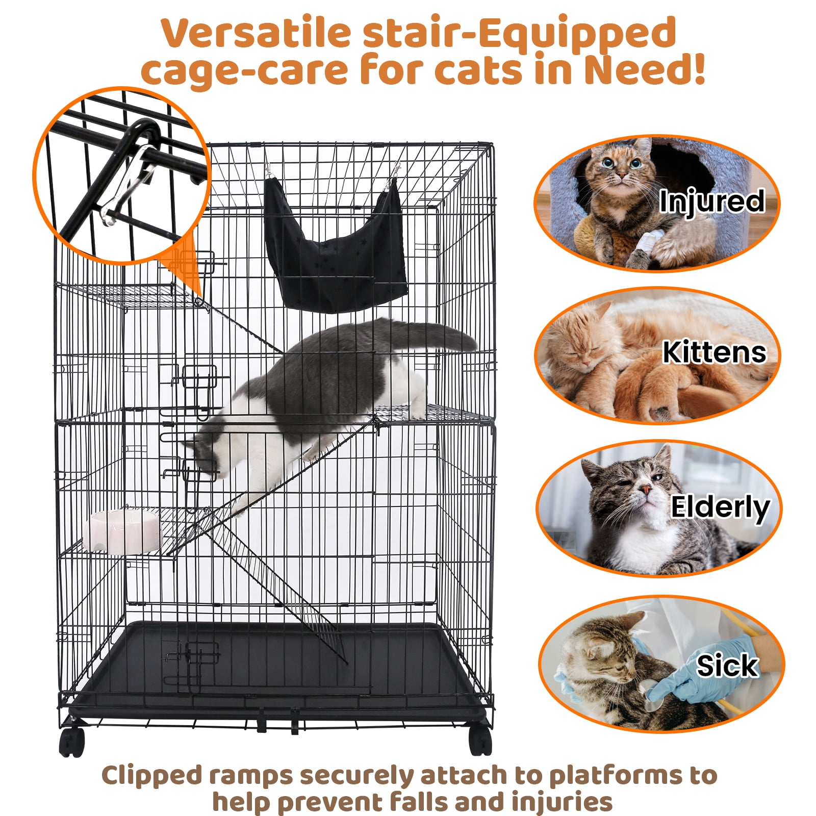 Homey Pet 50 Inch Cat Cages Indoor, Large 4-Tier Cat Crates for Indoor Cats, Collapsible Metal Wire Cat Enclosures Big Multi-Level Cat Cage for Adult Cats Kitten Kitty with Hammock, Ramp, 360° Wheels
