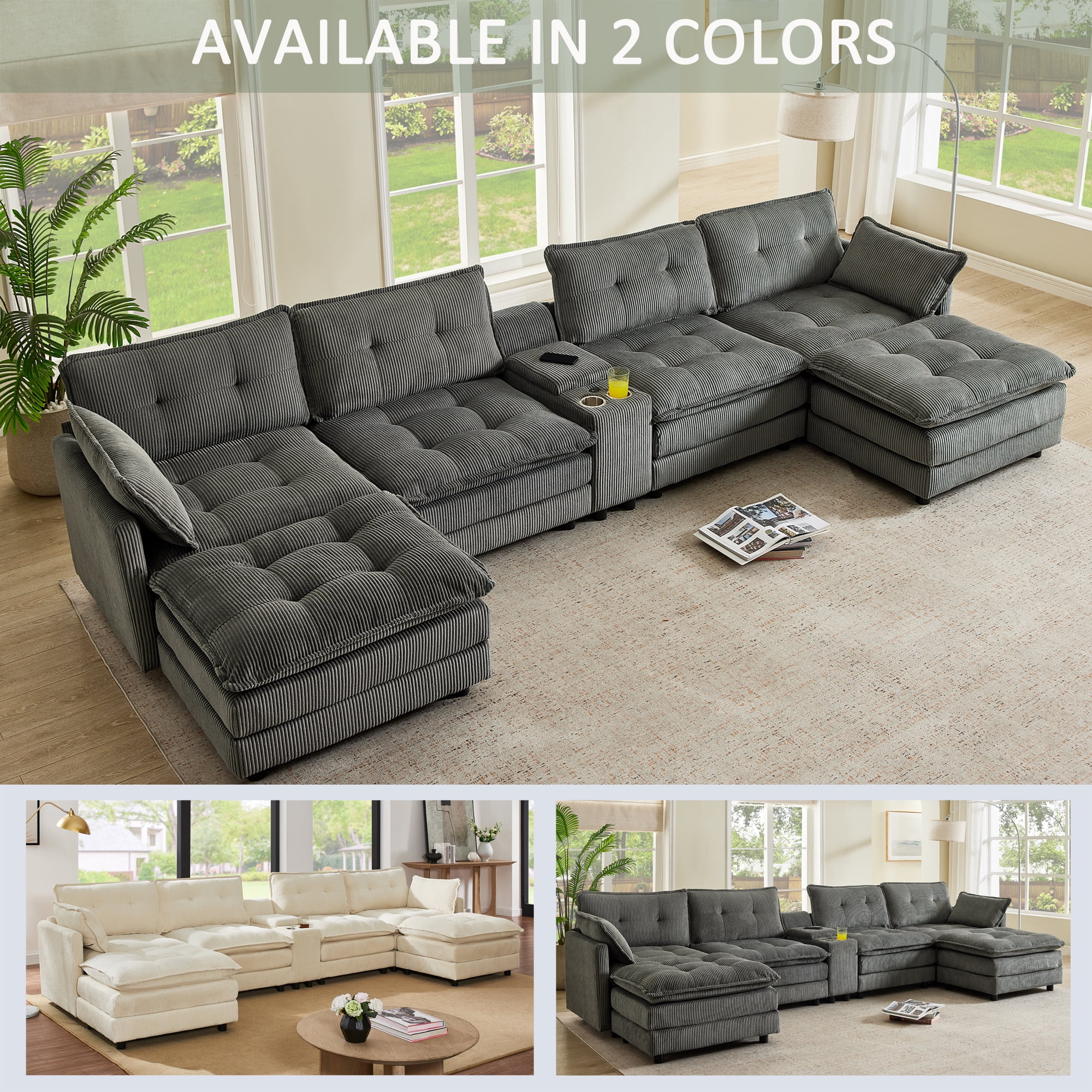 Gewnee 154" U-Shaped Sectional Sofa,Modern Corduroy Modular Sofa Couch with Storage Function,USB &Cup Holders,Movable Ottoman Sectional Couch for Living Room,Gray