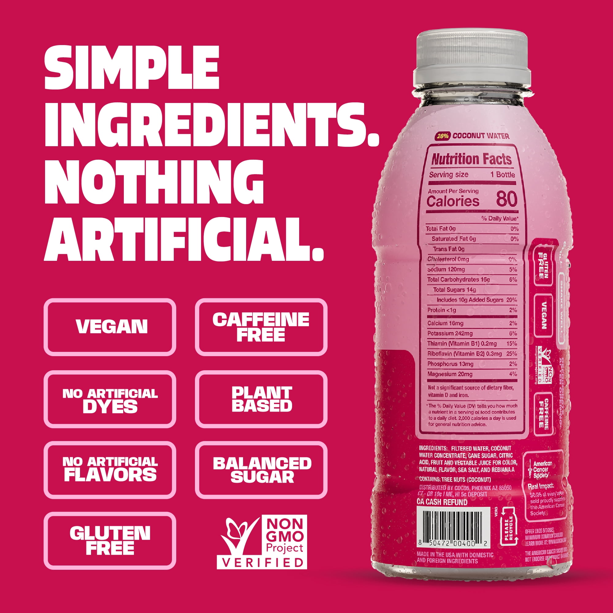 COCO5 Cherry Coconut Water, Active Hydration Electrolyte Drink, 50% Less Sugar, Caffeine Free, Vegan, 16.9 oz, 12 Count