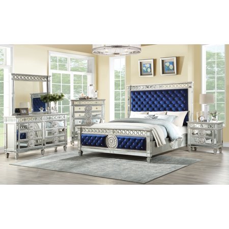 Acme Varian Bed in Blue Velvet and Mirrored  Multiple Size