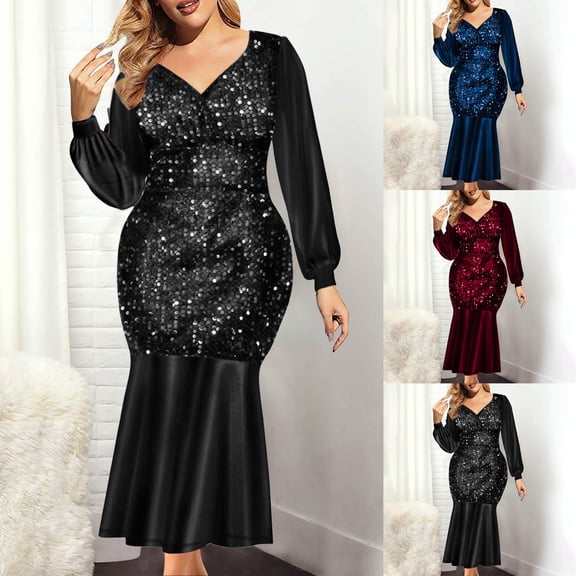 ChaoHeng Dresses for Women Casual Dresses for Women Casual Sequin Ruffle V Neck Long Sleeve Evening Dress Black XXXL