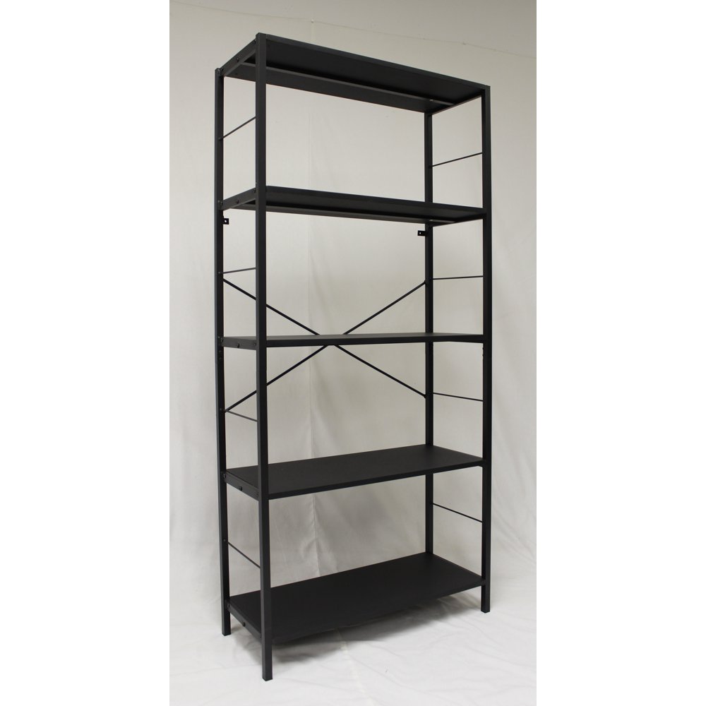 5 Tier Bookcase in Black Metal Frame with Black Shelves