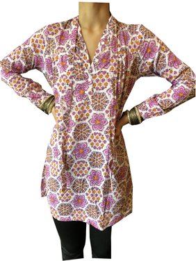 Mogul Women Tunic Shirt Dress, Pink Floral Printed Kurti Summer Bohemian ethnic Handmade Tunic Dresses M