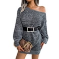 thumbnail image 4 of Liacowi Women Knit Mini Dress Contrast Color Lantern Long Sleeve Off-Shoulder Loose Sweater Dress Streetwear (without Belted), 4 of 7