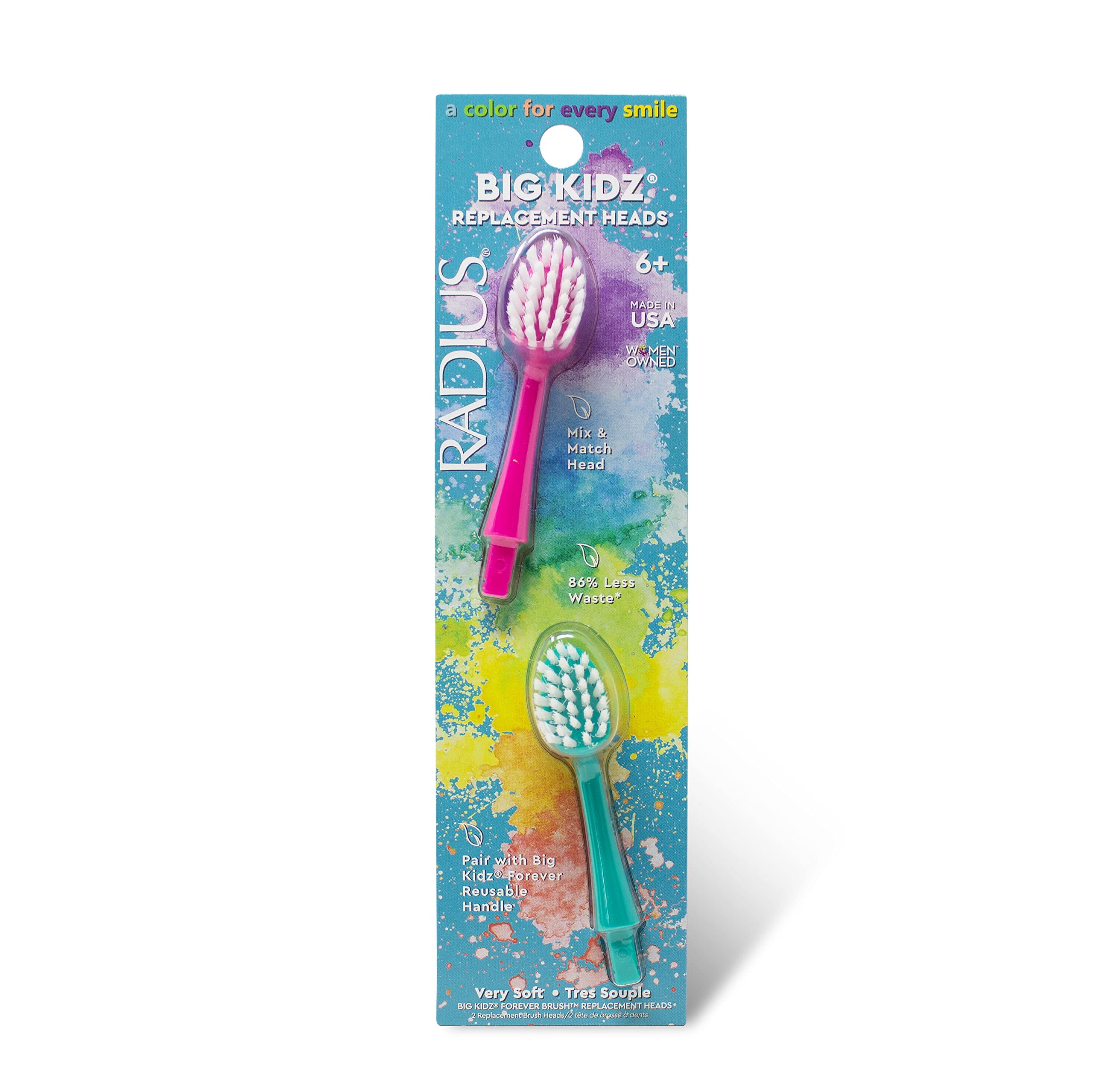 RADIUS Big Kidz Forever Brush Replacement Heads for Children, 6 Years and Up, BPA Free ADA Accepted for Growing Teeth and Gums, 2 Heads - Extra Soft