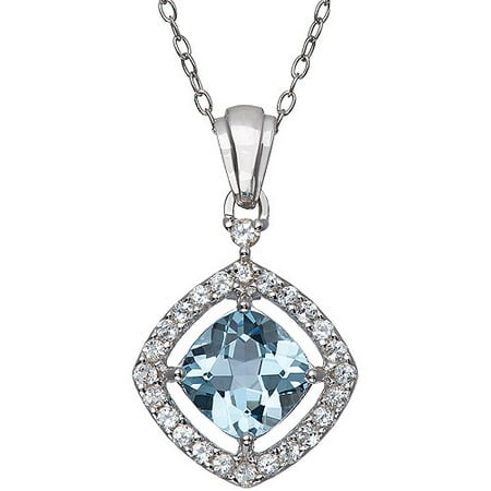 Blue Topaz Cushion-Cut with White Topaz Halo Sterling Silver Pendant, 18