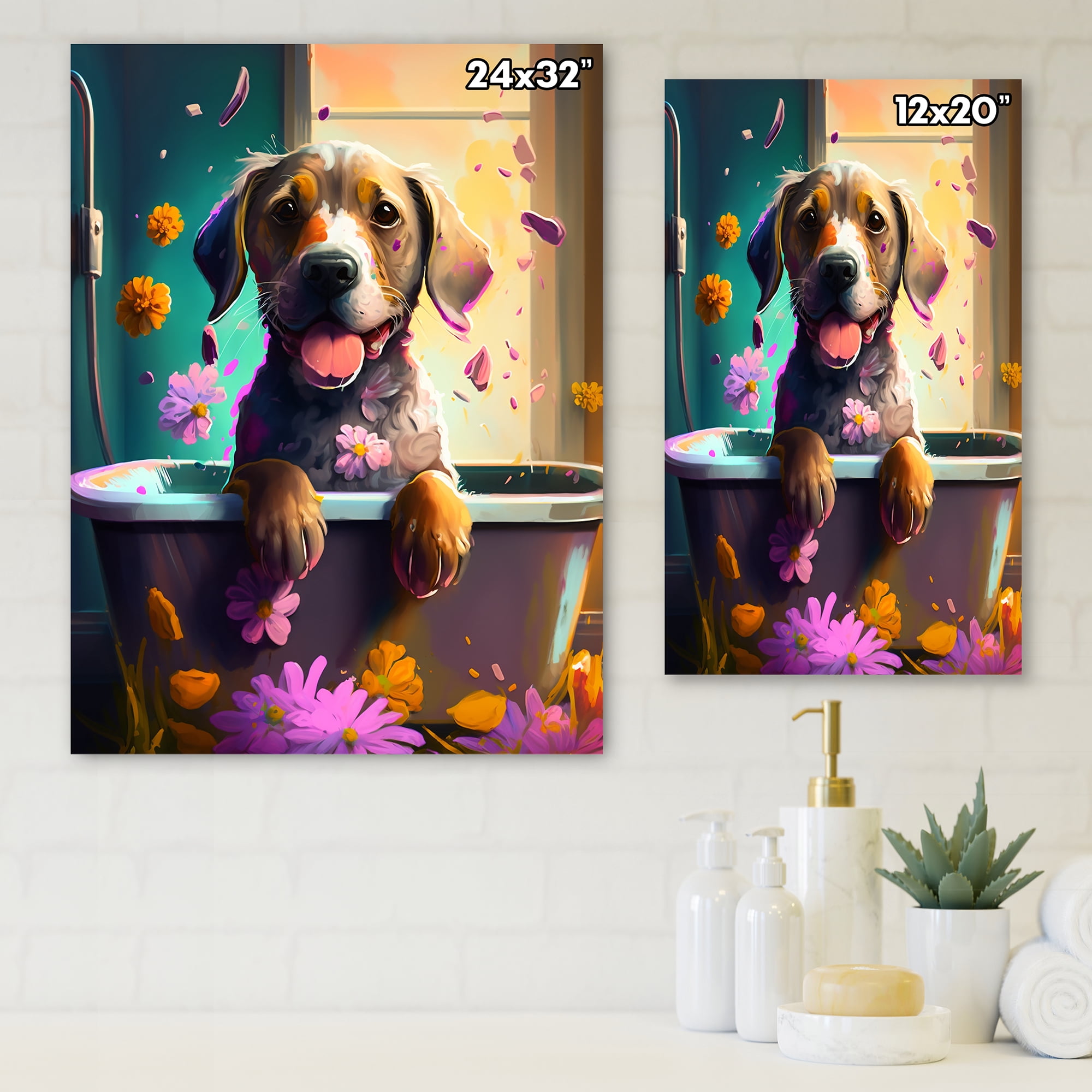 Designart Funny Dog In The Bath With Blooming Flowers IV Canvas Wall Art