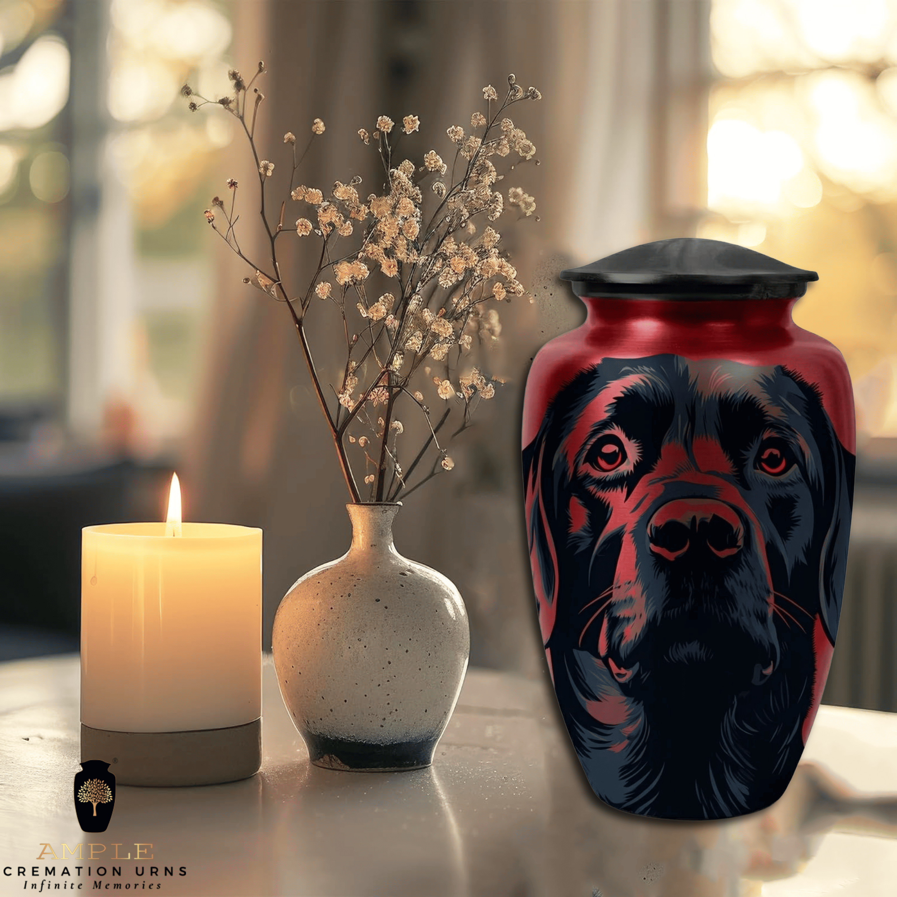 Luxury Dog Cremation Urn – Red & Black Artistic Dog Design Aluminum Urn for Pet Ashes