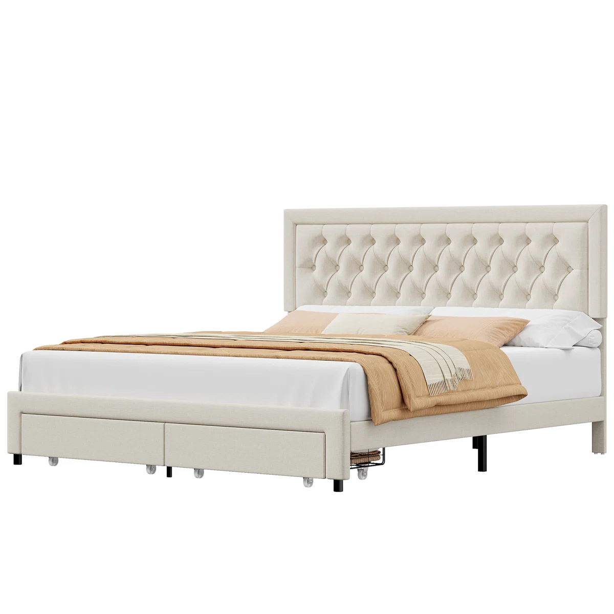 Homfa Full Size Bed Frame with Storage, Linen Upholstered Platform Bed with 2 Storage Drawers & Adjustable Button Headboard, Beige