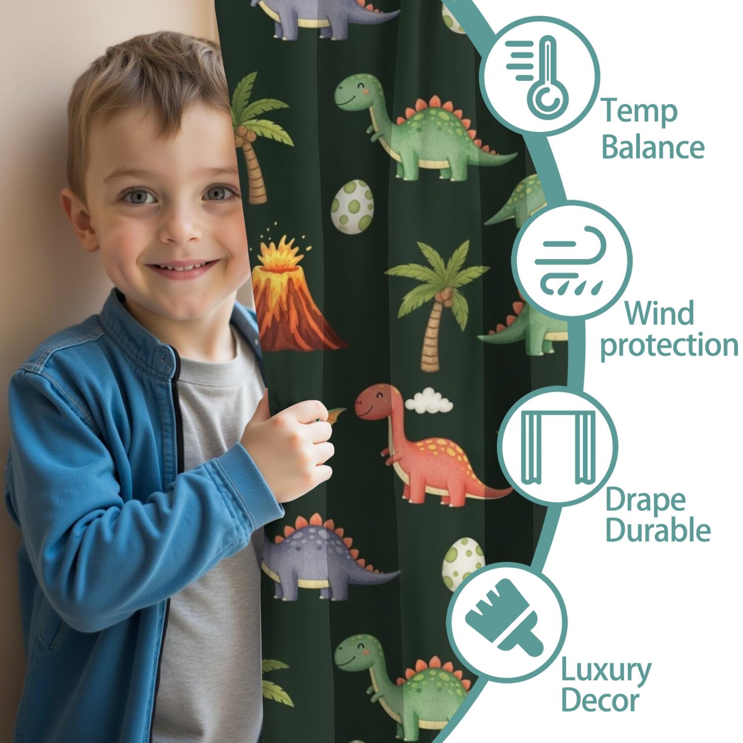 Blackout Kids Curtains,Dark Green Toned Dinosaur and Volcano Pattern Childrens Insulated Curtains Set Of 2,Bedroom Essentials,Toddler Room Decor 42"x63"
