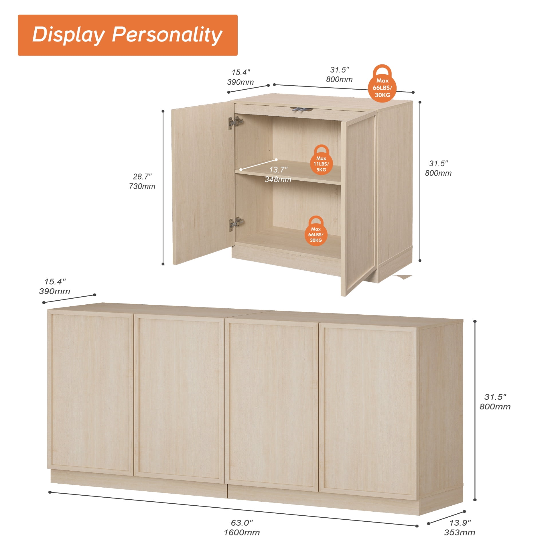 WAMPAT Modern TV Stand for TVs Up to 70", 2-in-1 Entertainment Center TV Console with 4 Doors and Adjustable Shelf, Wooden Media Console Cabinet for Living Room, Bedroom, Beige