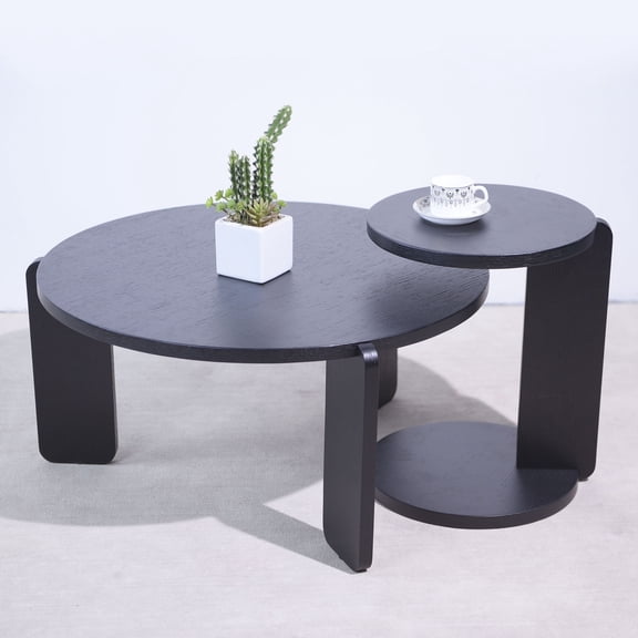 CQSXDA 32.68 Inch Diameter Round Black Oak Nesting Coffee Table Set Of 2 With Wear Resisting PU Paint Ideal For Living Rooms