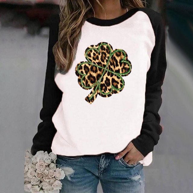 WREESH Mode Femmes Printemps Patchwork St. Patrick'S Day Imprimé Manches Longues Col Rond Casual Tee Tops