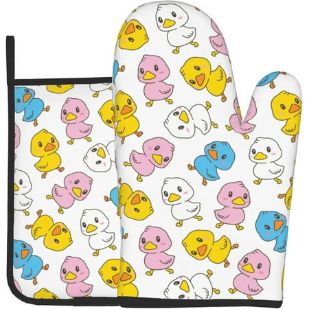 

Sunyuer Cartoon Colorful Rubber Duck Printed Oven Mitts and Pot Holders 2 Pcs Sets Heat Resistant Oven Gloves Potholder for Kitchen Cooking Baking Decoration