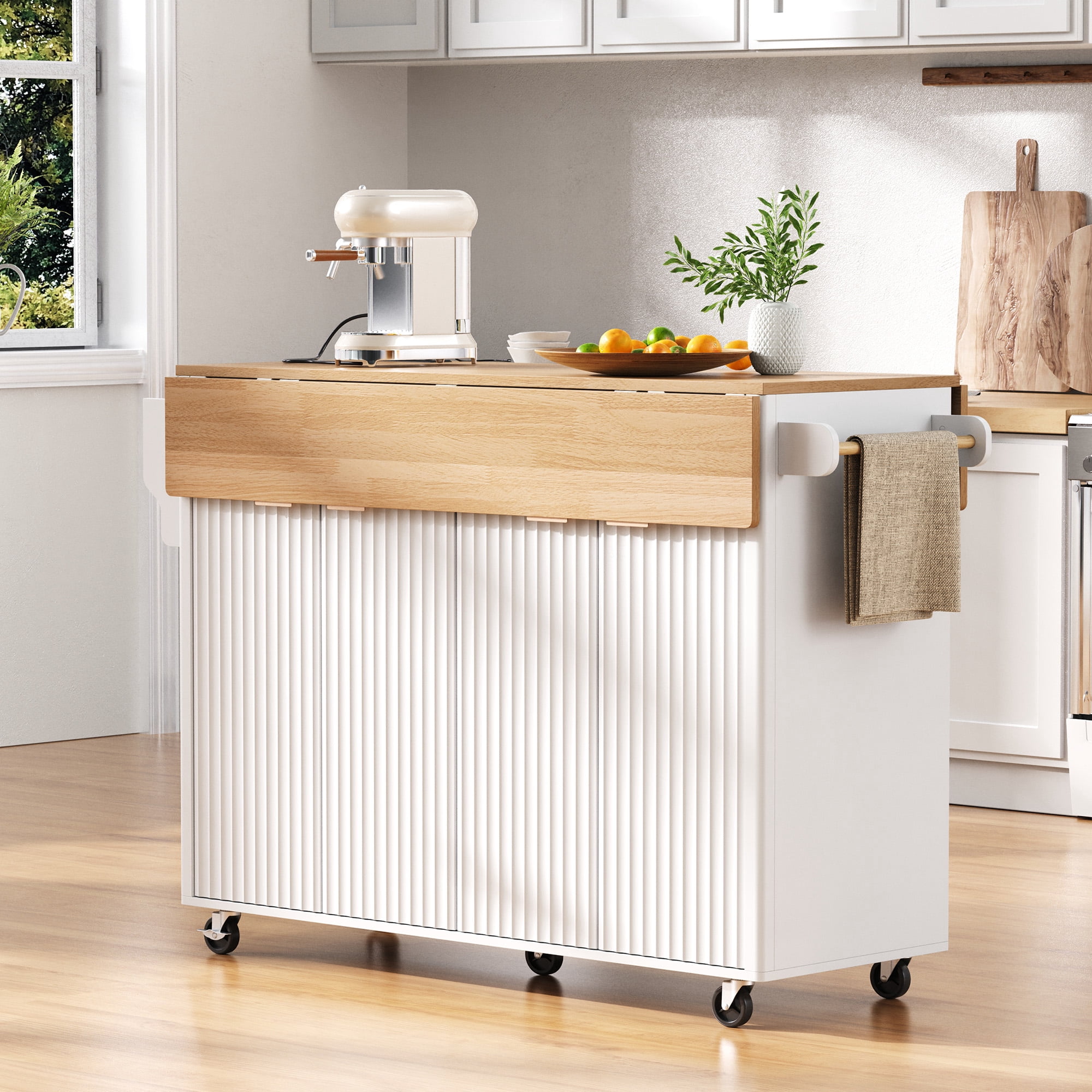 Euroco 55.5" Fluted Kitchen Island with 2 Drop Leaf, Kitchen Storage Cart with Power Outlet, 4 Doors, Spice rack, Rolling Island Table with Wood-grain Top, Curved Edge