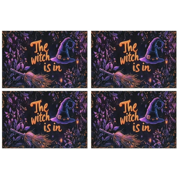 Halloween Pumpkin Witch Bat Spider Purple Spooky Placemats Set of 4 12x18in Inch Seasonal Fall Holiday Table Mat Durable No Slip Table Mats for Halloween Dining Table Accessories