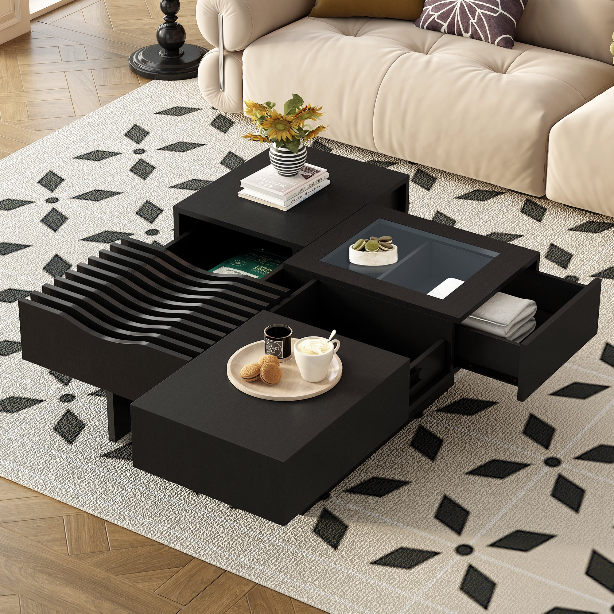 Euroco Multifunctional Square Coffee Table with Wave Design & Storage Drawers – Modern, Sturdy, Easy Assembly