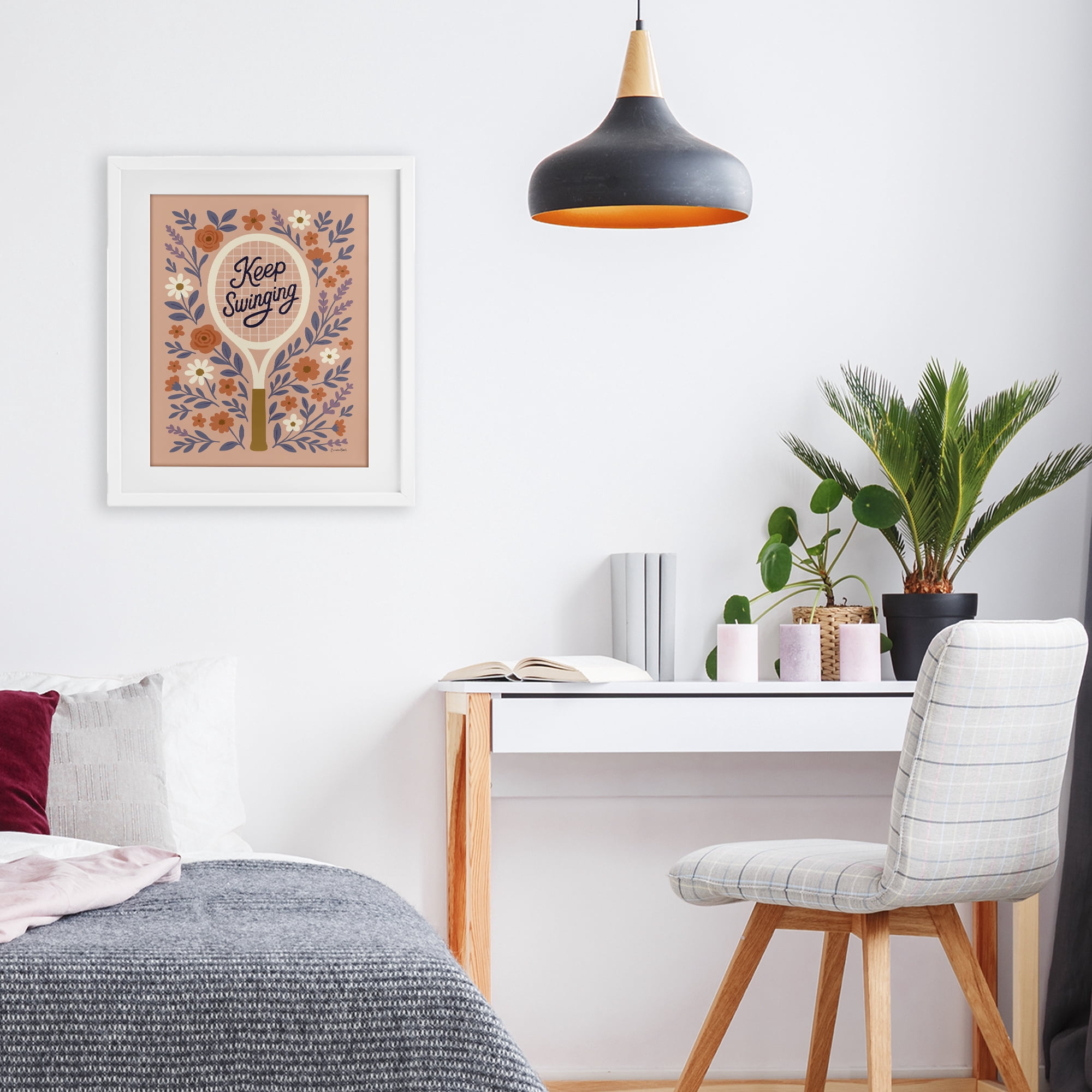 Stupell Industries Keep Swinging Floral Tennis White Framed Print Under Glass, design by Jessica Beck