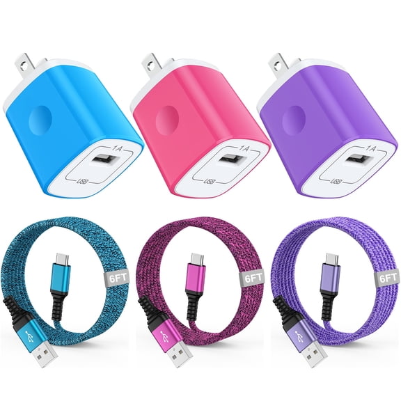 Charging Block, 3Pack USB Wall Charger Block with 6FT Type C Charging Cable, USB Charger Block with USB A to USB C Charging Cable USB-C Phone Cable, Wall Charger Adapter USB Brick for Android Charger
