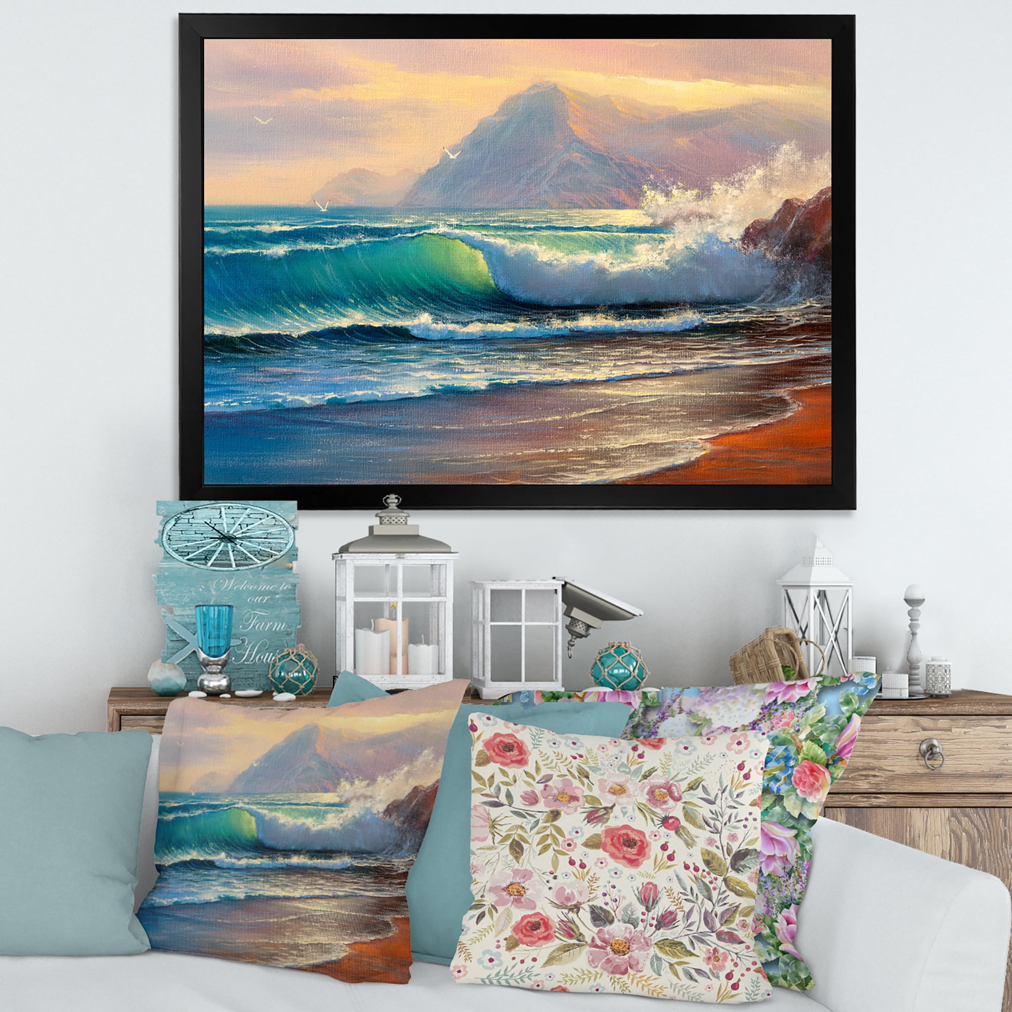 Designart 'Sunrise Glow On The Sea Waves III' Nautical & Coastal Framed Art Print