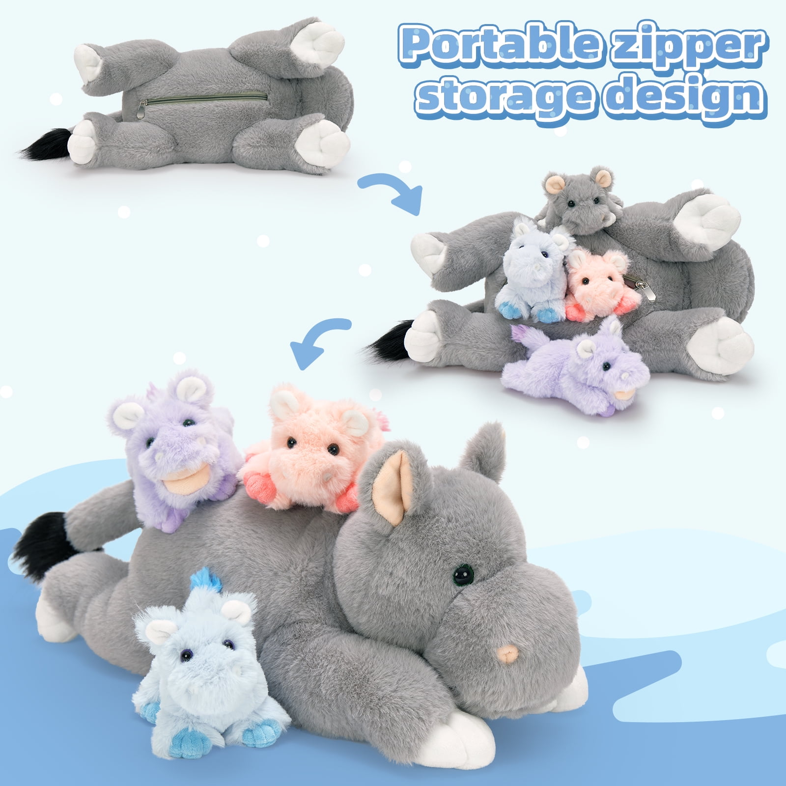 MorisMos 5Pcs Hippo Stuffed Animals Set, 16'' Large Stuffed Hippo Plush with 4 Cute Babies