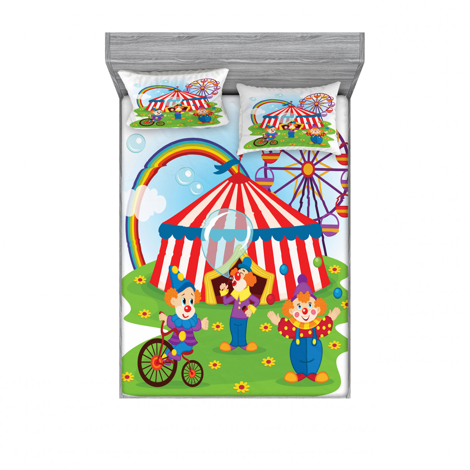 Circus Bedding Set with Sheet & Covers, Circus Scene with Clowns on