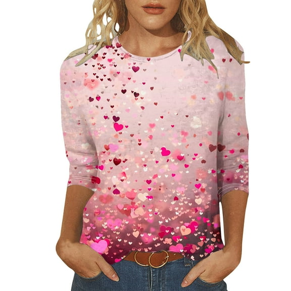 BangWanChi 3/4 Length Sleeve Women's Fashion Tees Casual Crewneck 3/4 Sleeve Loose T Shirt Ladies Tops Blouses Shirts