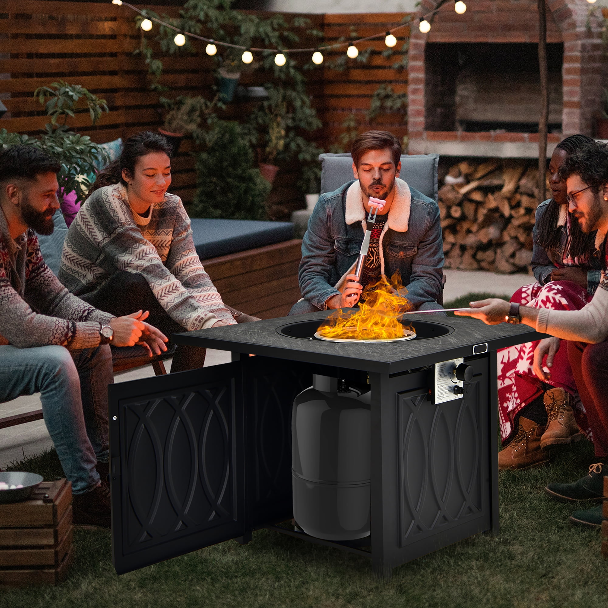 Costway 32'' Propane Fire Pit Table Square Tabletop w/Lava Rocks Cover 50,000 BTU